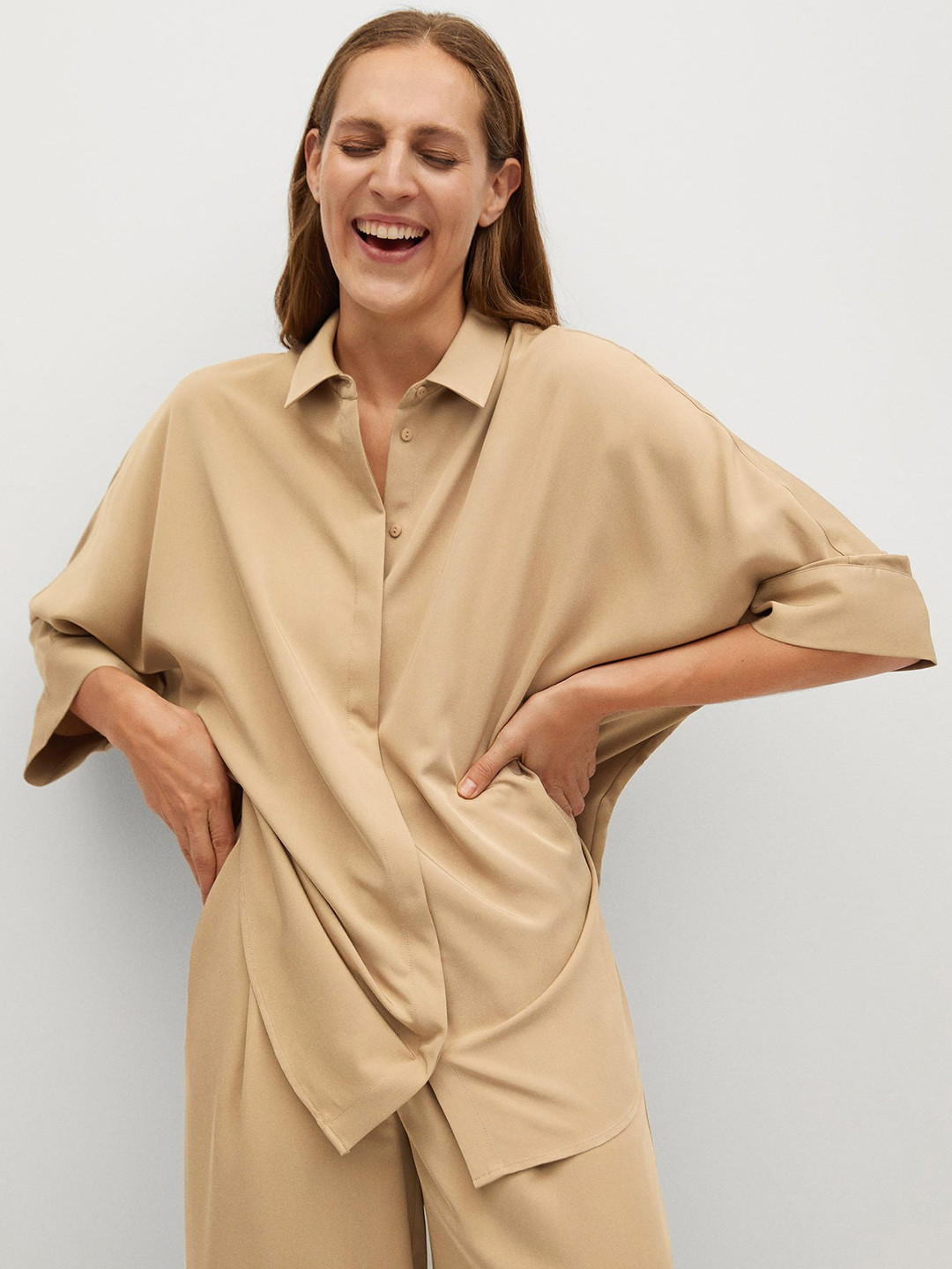 

MANGO Women Khaki Satin Finish Regular Fit Solid Oversized Casual Shirt