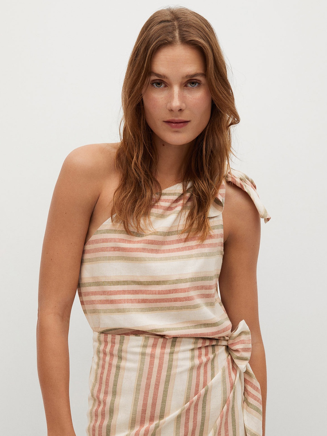 

MANGO Women Off-White & Dusty Pink Striped Top