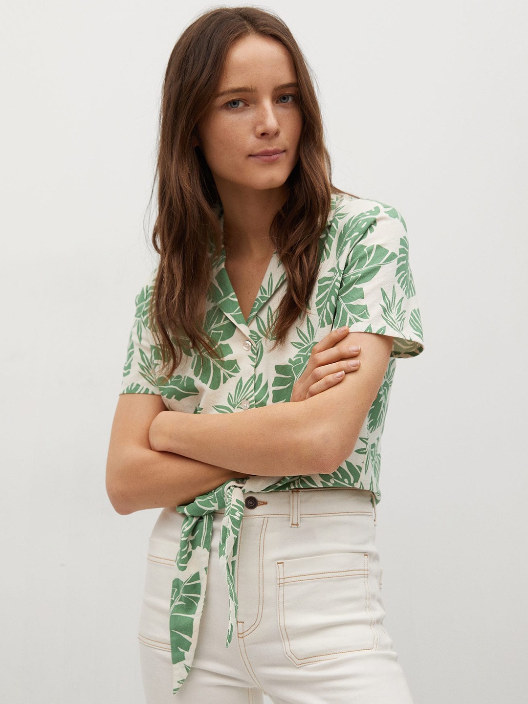 

MANGO Women Off-White & Green Regular Fit Tropical Printed Casual Shirt