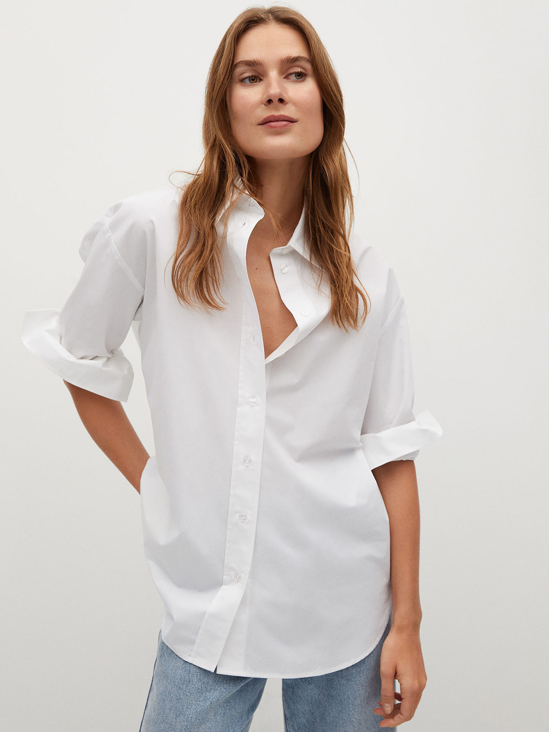 

MANGO Women White Regular Fit Solid Pure Cotton Casual Shirt