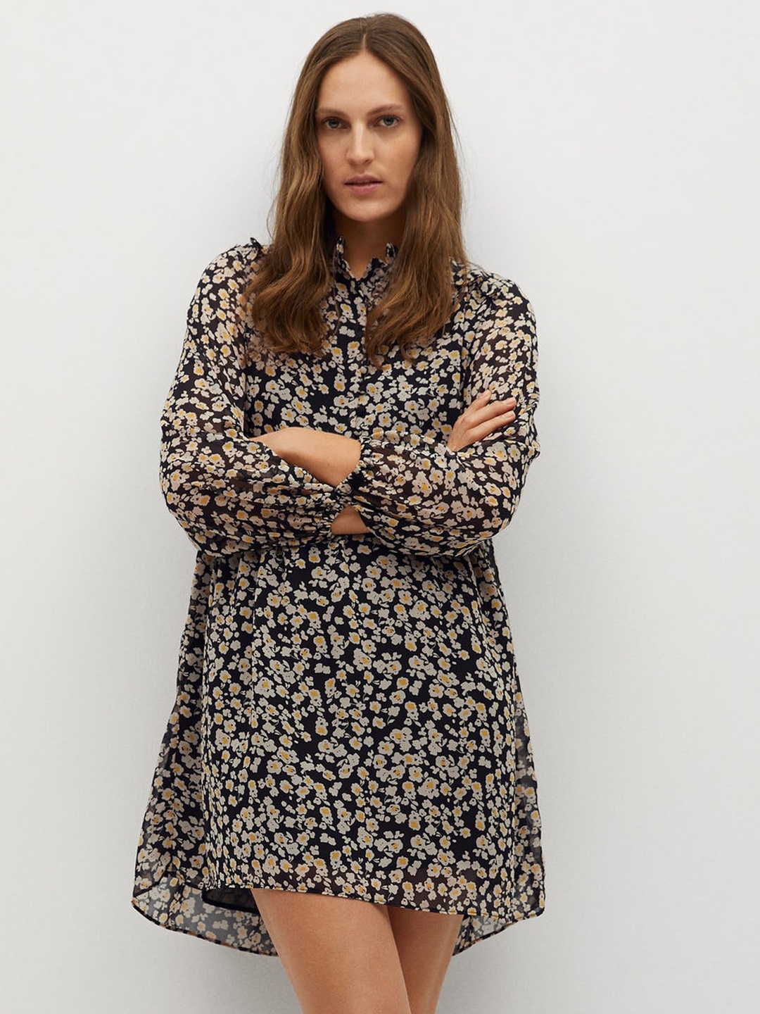 

MANGO Women Black & Off-White Sustainable Floral Print Shirt Dress