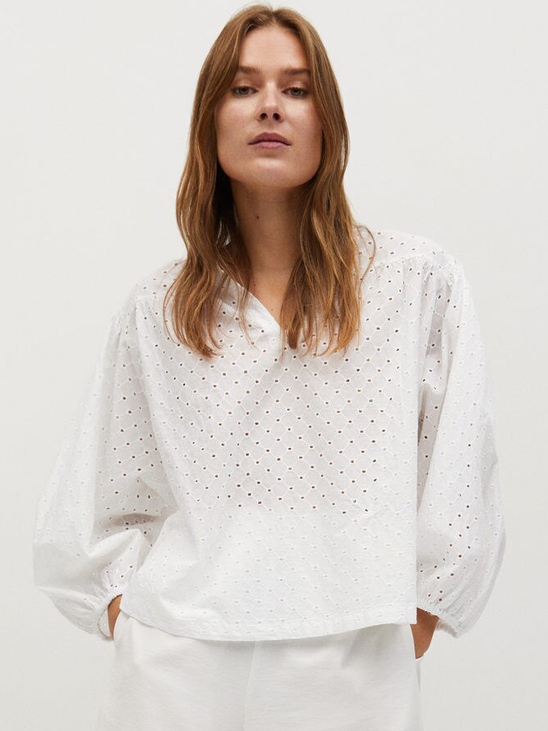 

MANGO Women White Schiffli Embroidered Semi-Sheer Oversized Top