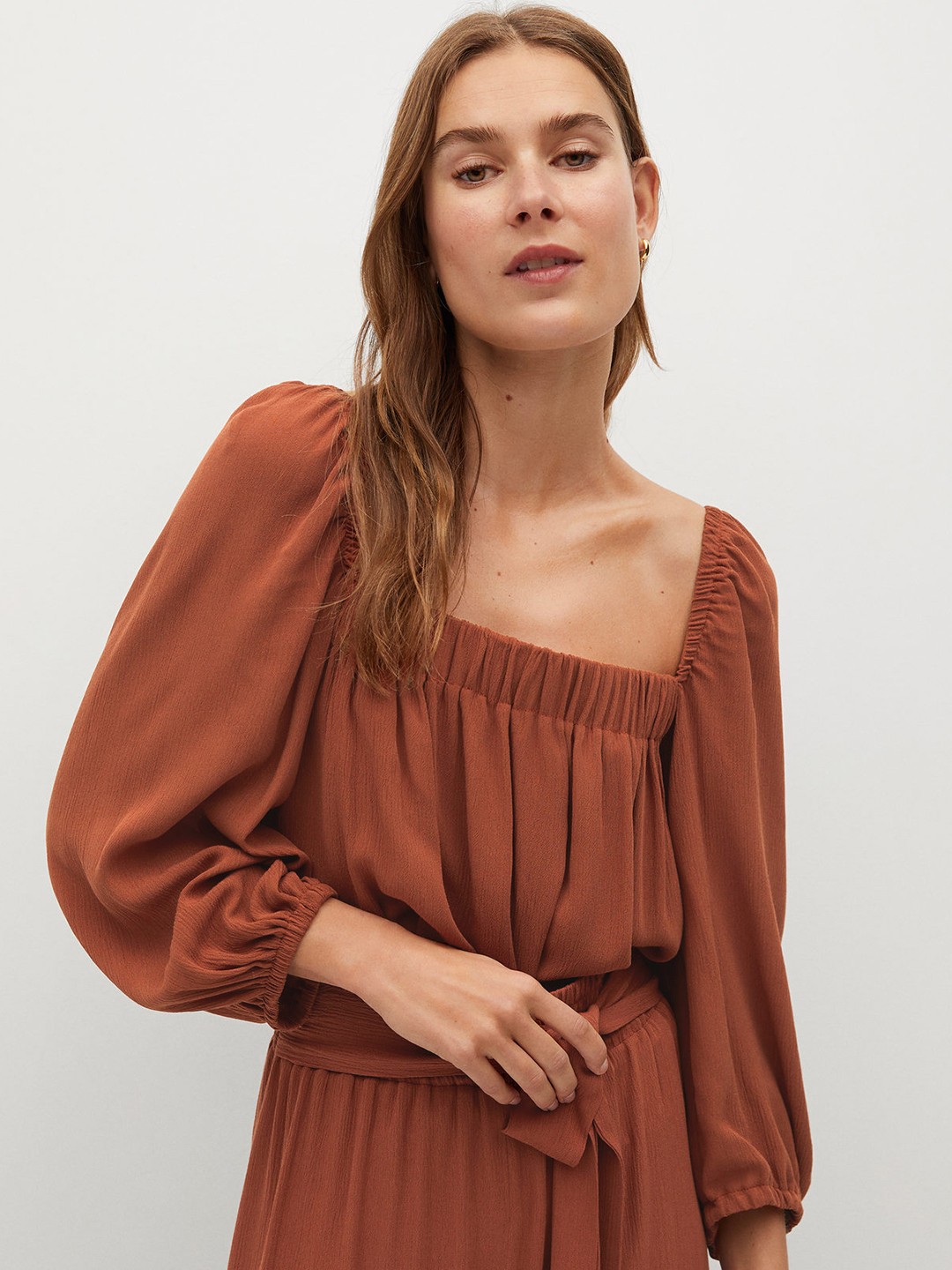 

MANGO Women Brown Solid Top With Puff Sleeves