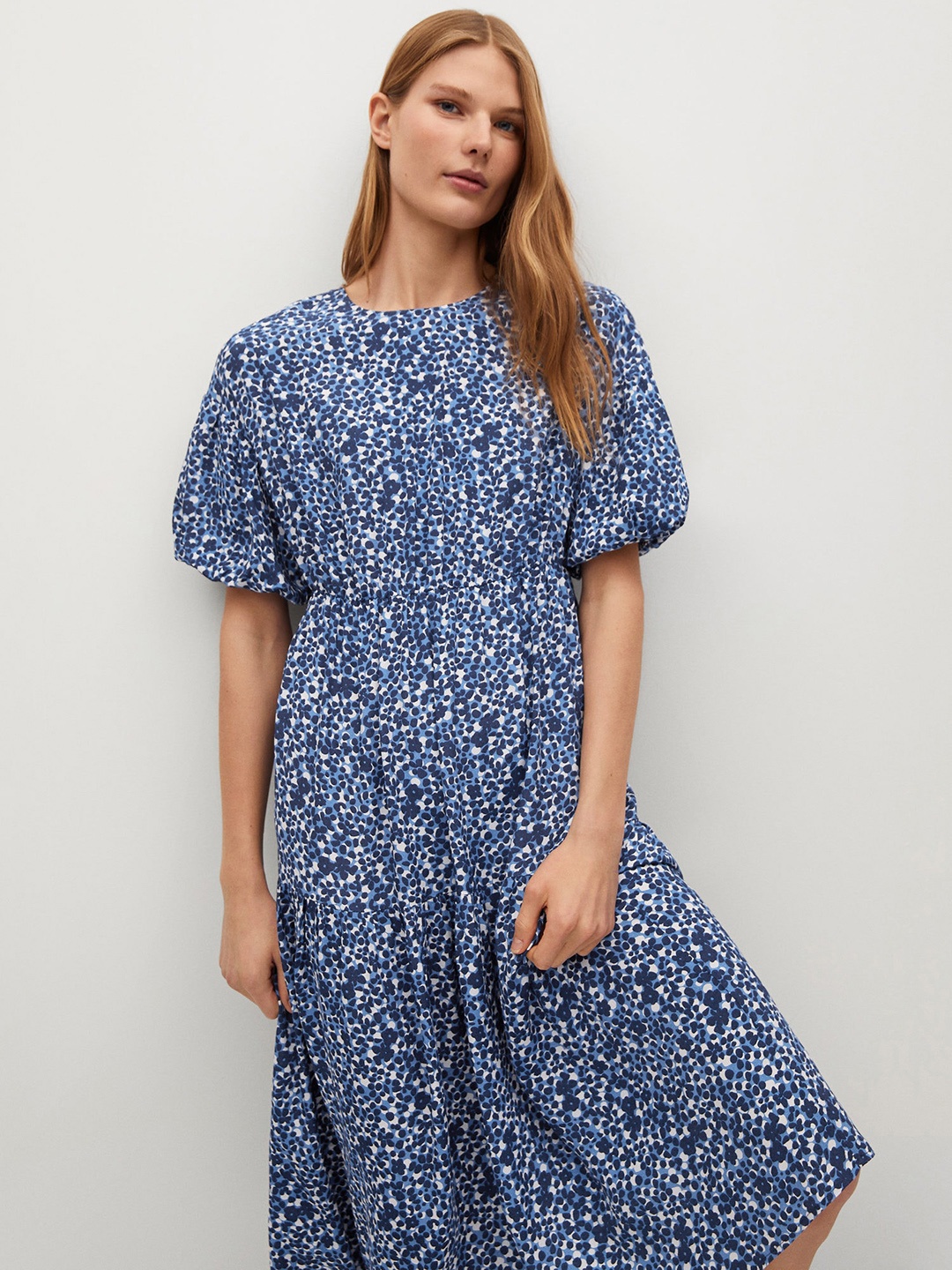 

MANGO Women Blue & White Pure Cotton Floral Print A-Line Dress