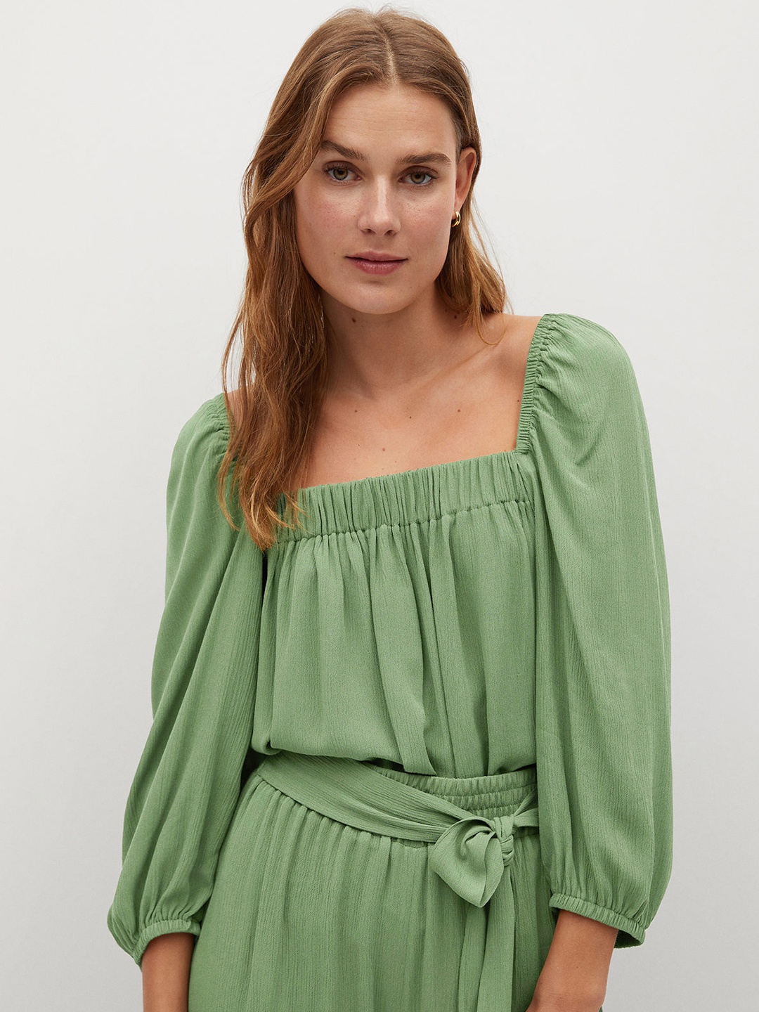 

MANGO Women Green Solid Crinkled Top