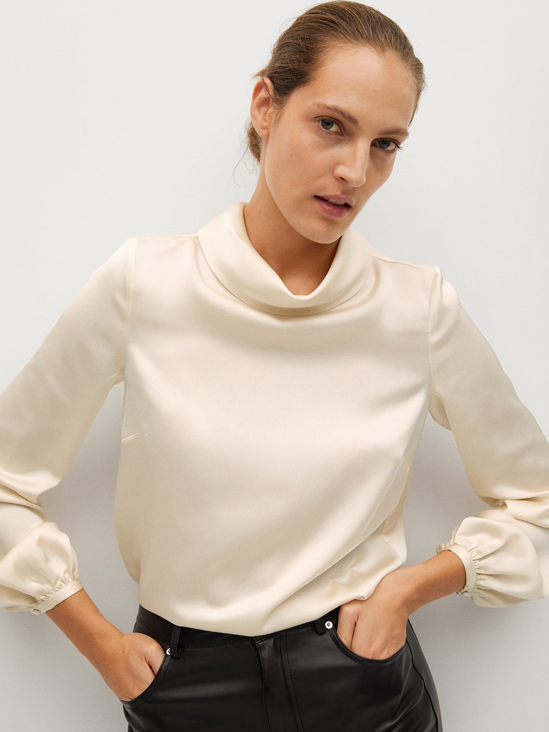 

MANGO Women Off-White Solid Top With Satin Finish