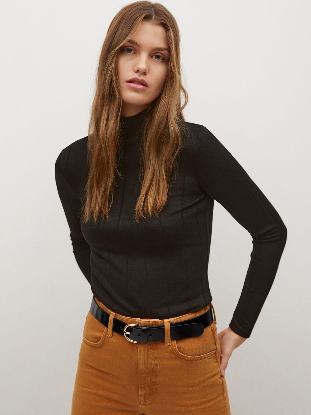 

MANGO Women Black Self-Striped Sustainable High Neck T-shirt