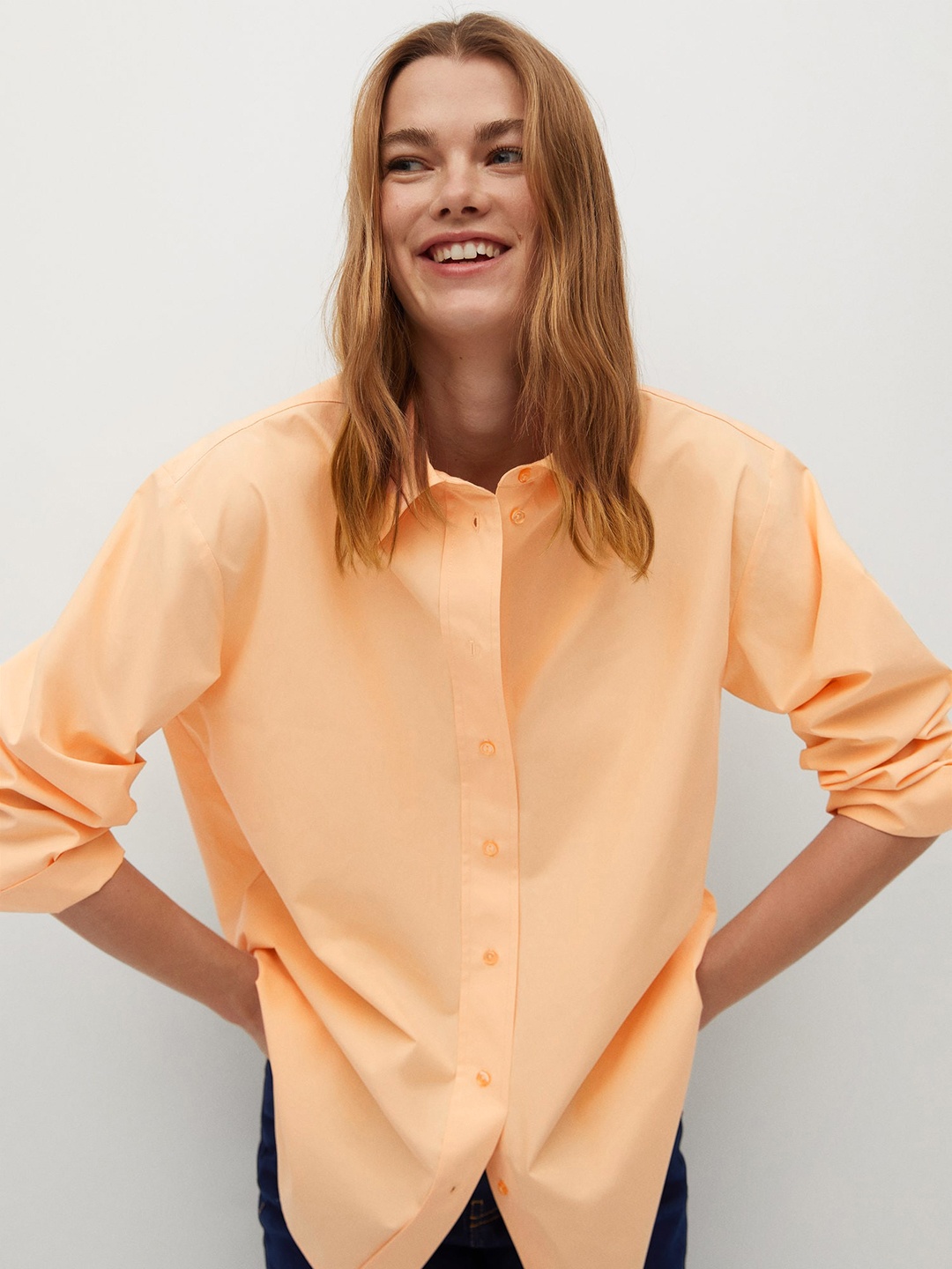 

MANGO Women Peach-Coloured Regular Fit Solid Pure Cotton Casual Shirt