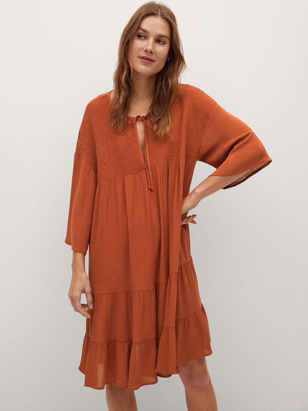 

MANGO Women Rust Orange Solid A-Line Tiered Dress