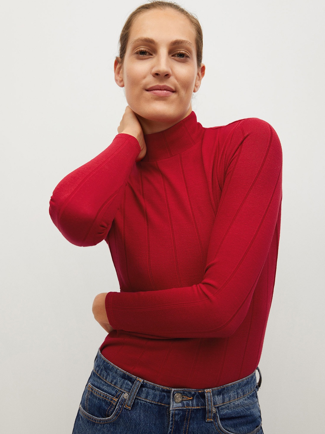 

MANGO Women Sustainable Red Self-Striped Slim Fit High Neck Fitted Winter Top
