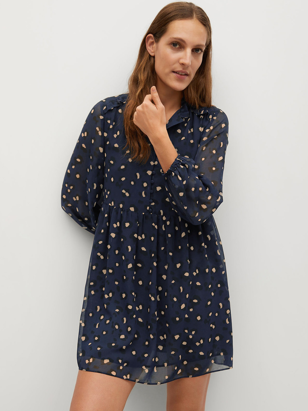 

MANGO Women Sustainable Navy Blue & Beige Printed A-Line Dress
