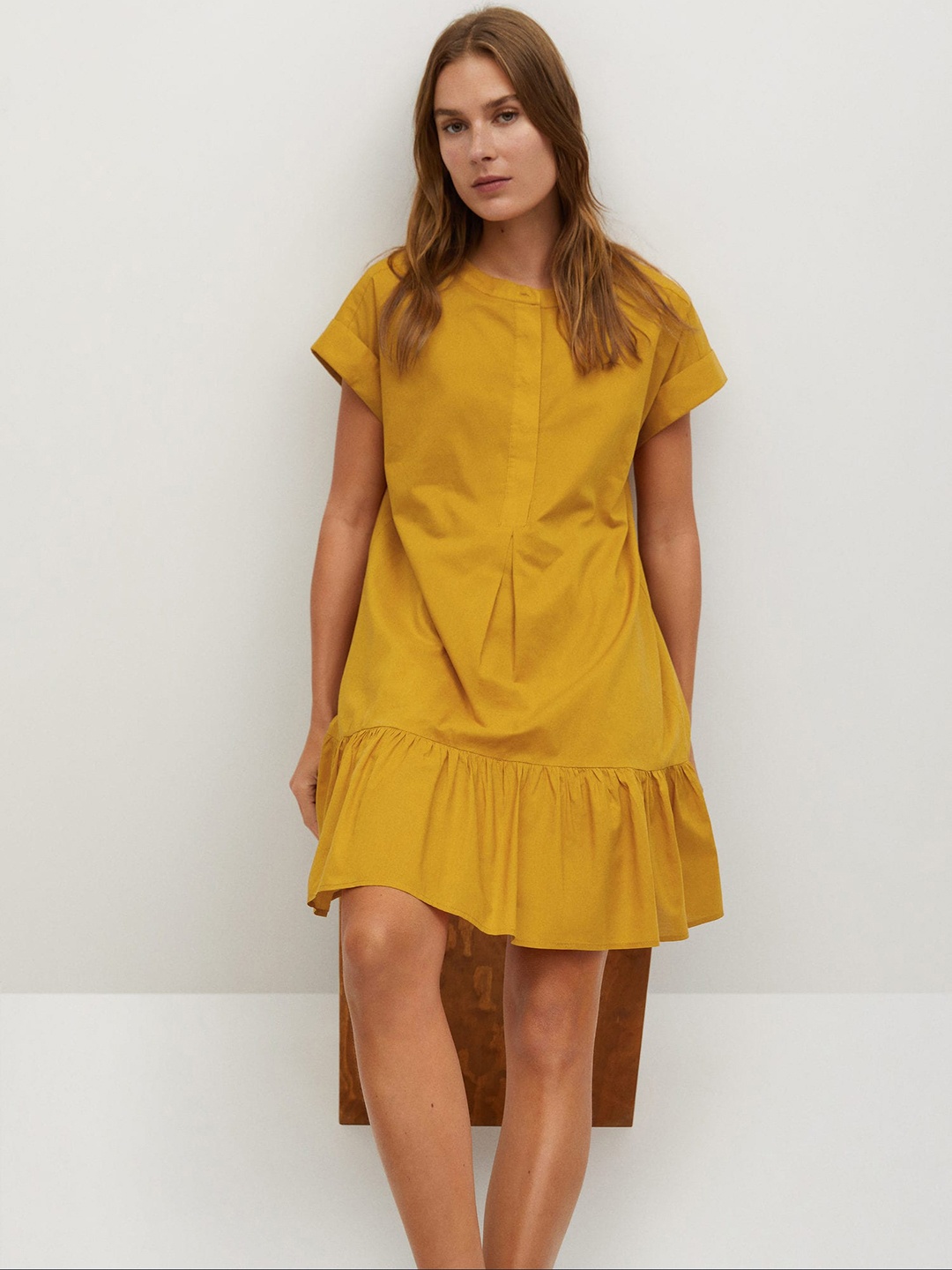 

MANGO Women Mustard Yellow Solid Pure Cotton A-Line Dress