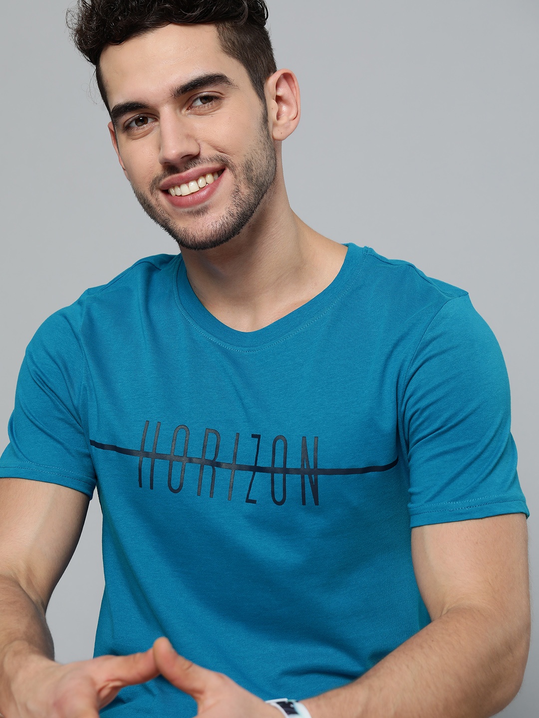 

Mast & Harbour Men Blue Printed Pure Cotton Round Neck T-shirt