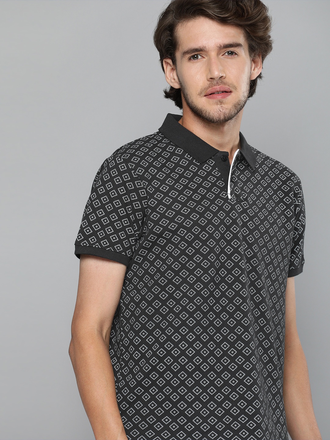

Mast Harbour Men Black White Printed Polo Collar Pure Cotton T-shirt