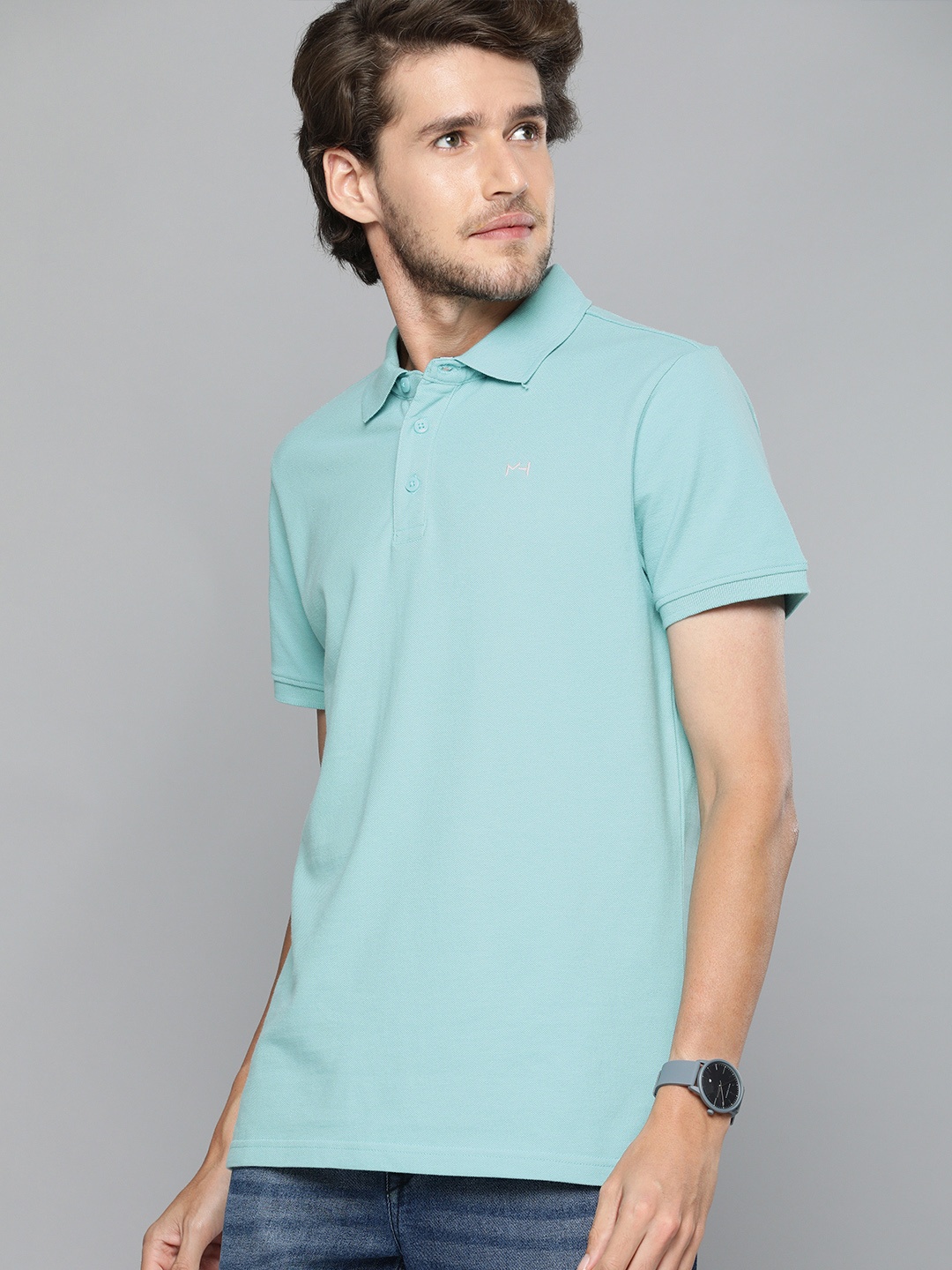 

Mast Harbour Men Turquoise Blue Solid Polo Collar Pure Cotton T-shirt