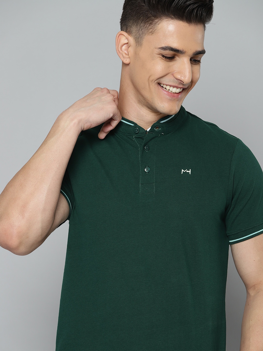

Mast & Harbour Men Green Pure Cotton Stand Collar T-shirt