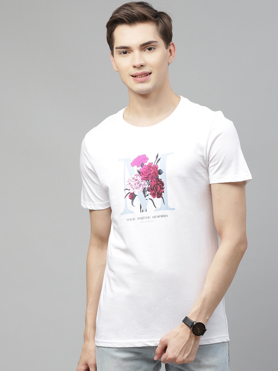 

Mast Harbour Men White Pink Printed Pure Cotton T-shirt