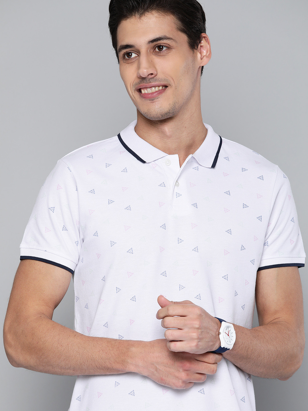

Mast & Harbour Men White & Navy Blue Pure Cotton Printed Polo Collar T-shirt