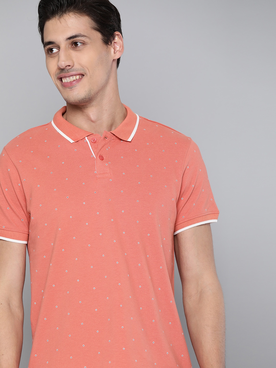 

Mast & Harbour Men Coral Red Pure Cotton Printed Polo Collar T-shirt