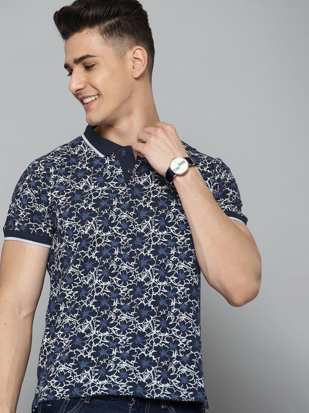 

Mast & Harbour Men Navy Blue & White Pure Cotton Floral Printed Polo Collar T-shirt
