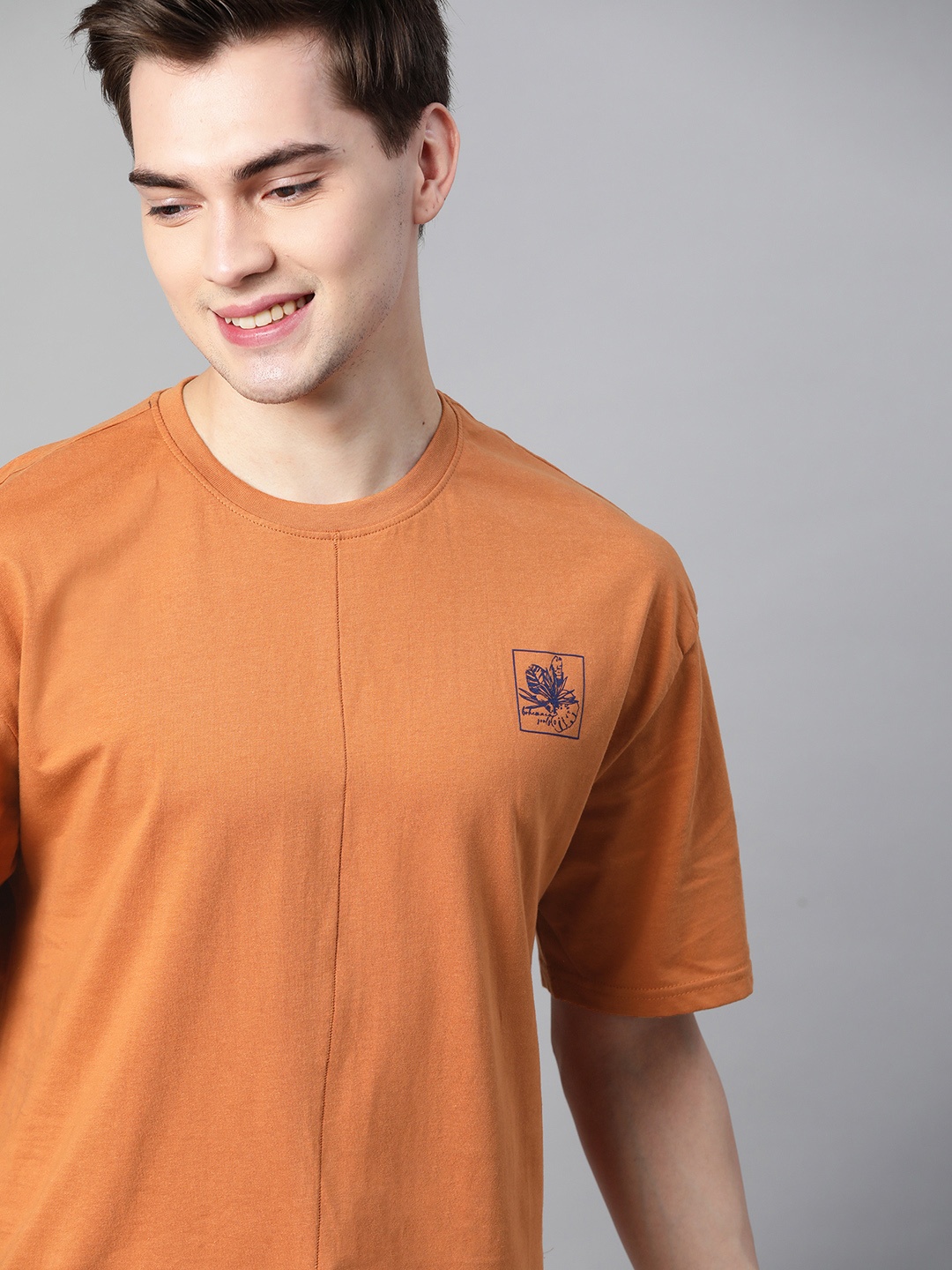 

Mast & Harbour Men Rust Orange Drop-Shoulder Sleeves Handcrafted Pure Cotton T-shirt