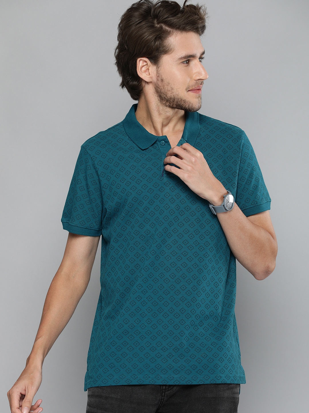 

Mast Harbour Men Teal Blue Black Printed Polo Collar Pure Cotton T-shirt
