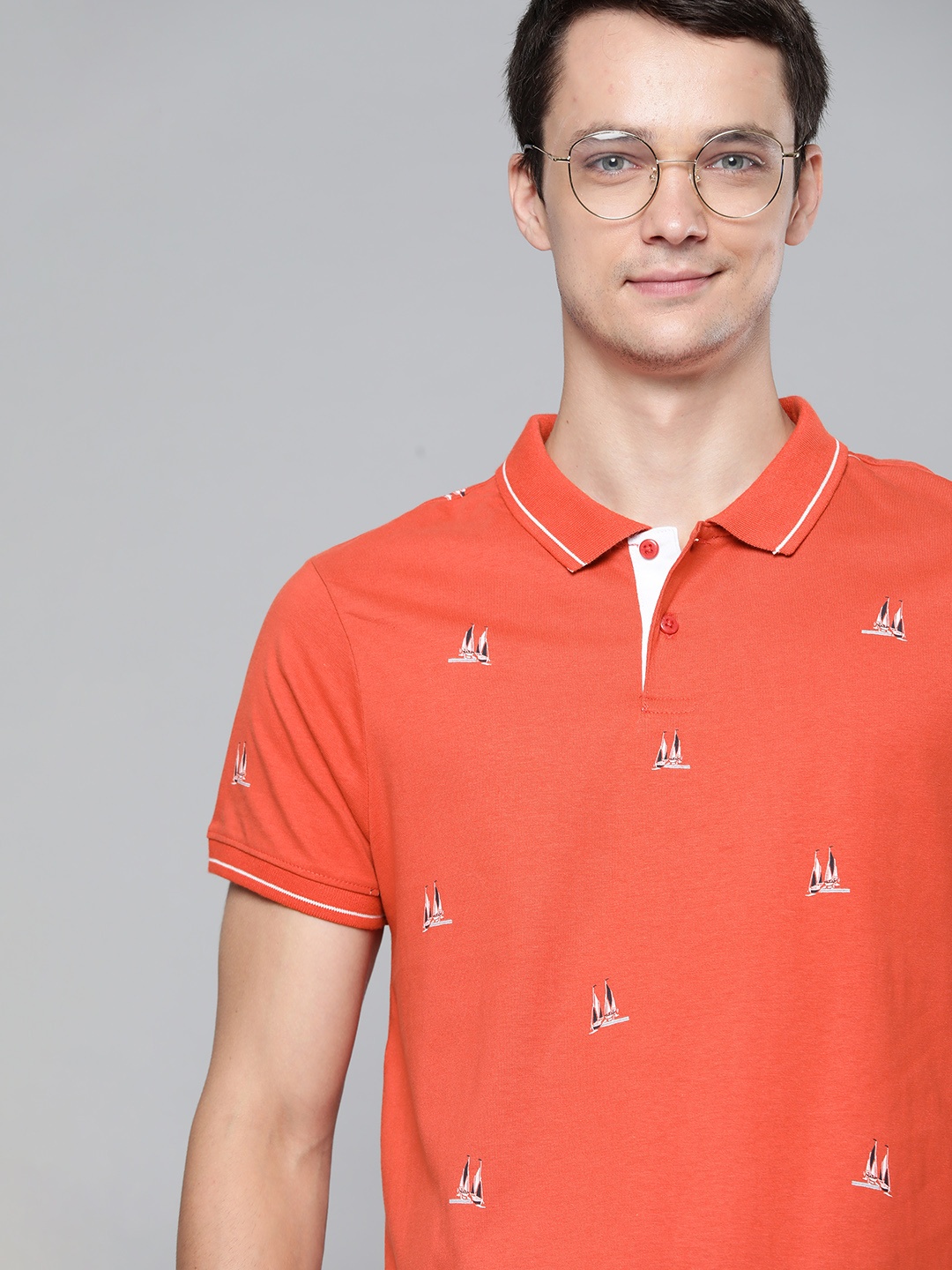 

Mast Harbour Men Orange Pure Cotton Printed Polo Collar Pure Cotton T-shirt
