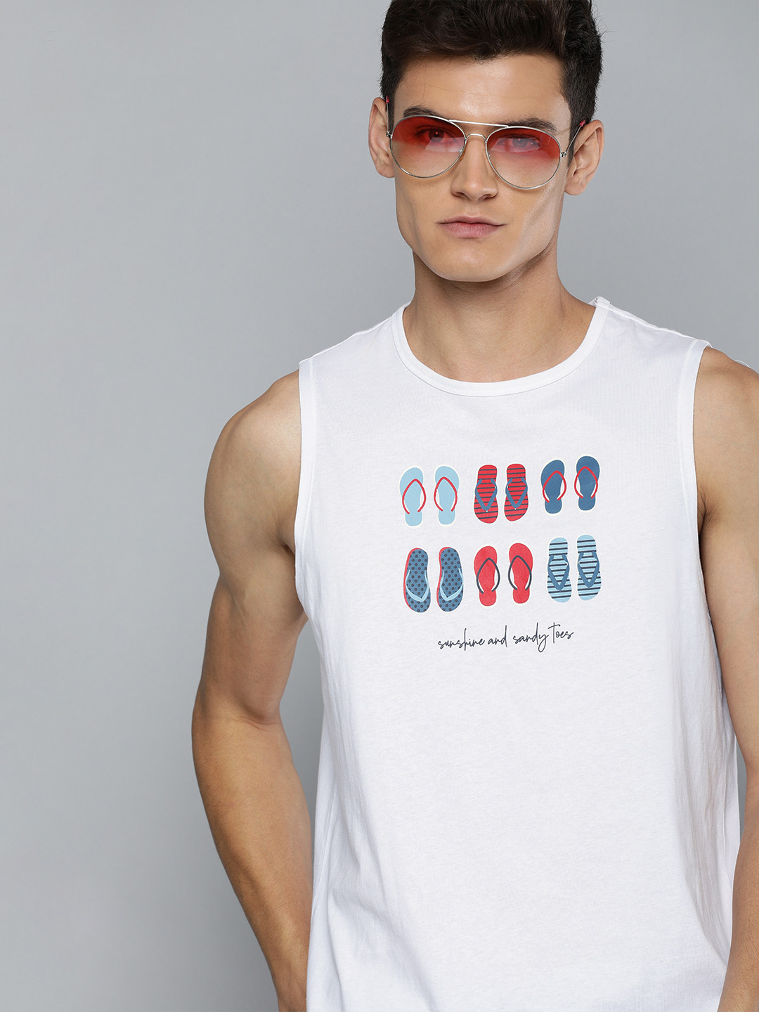 

Mast & Harbour Men White & Blue Conversational Printed Pure Cotton Tank T-shirt