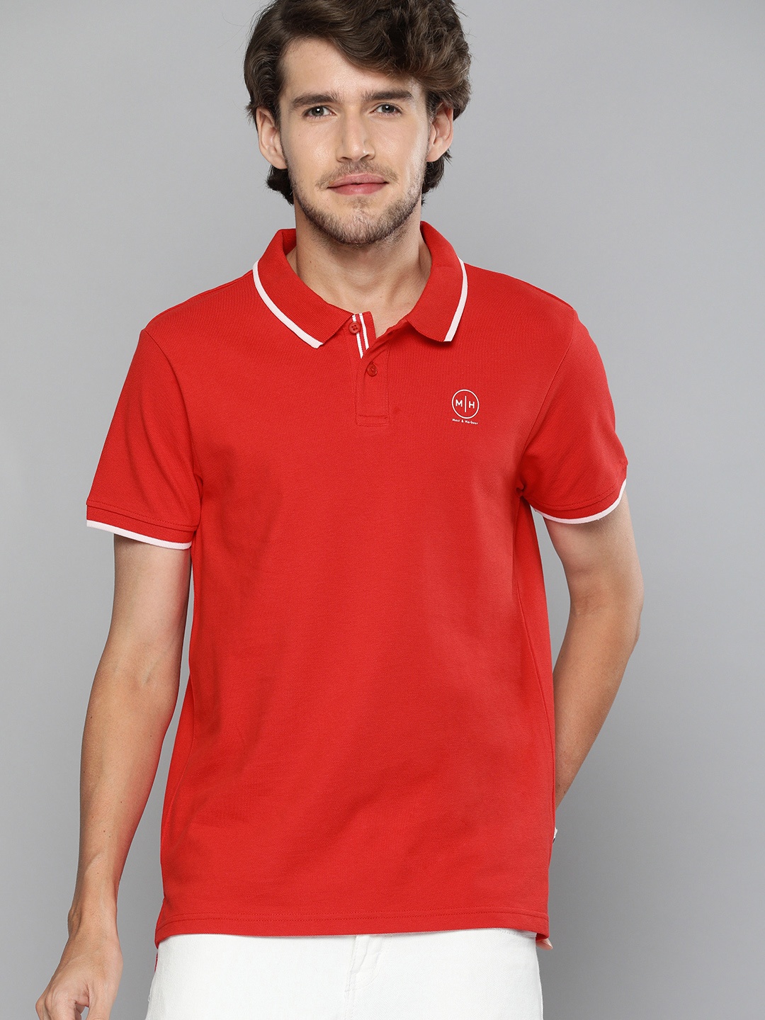 

Mast Harbour Men Red Solid Polo Collar Pure Cotton T-shirt