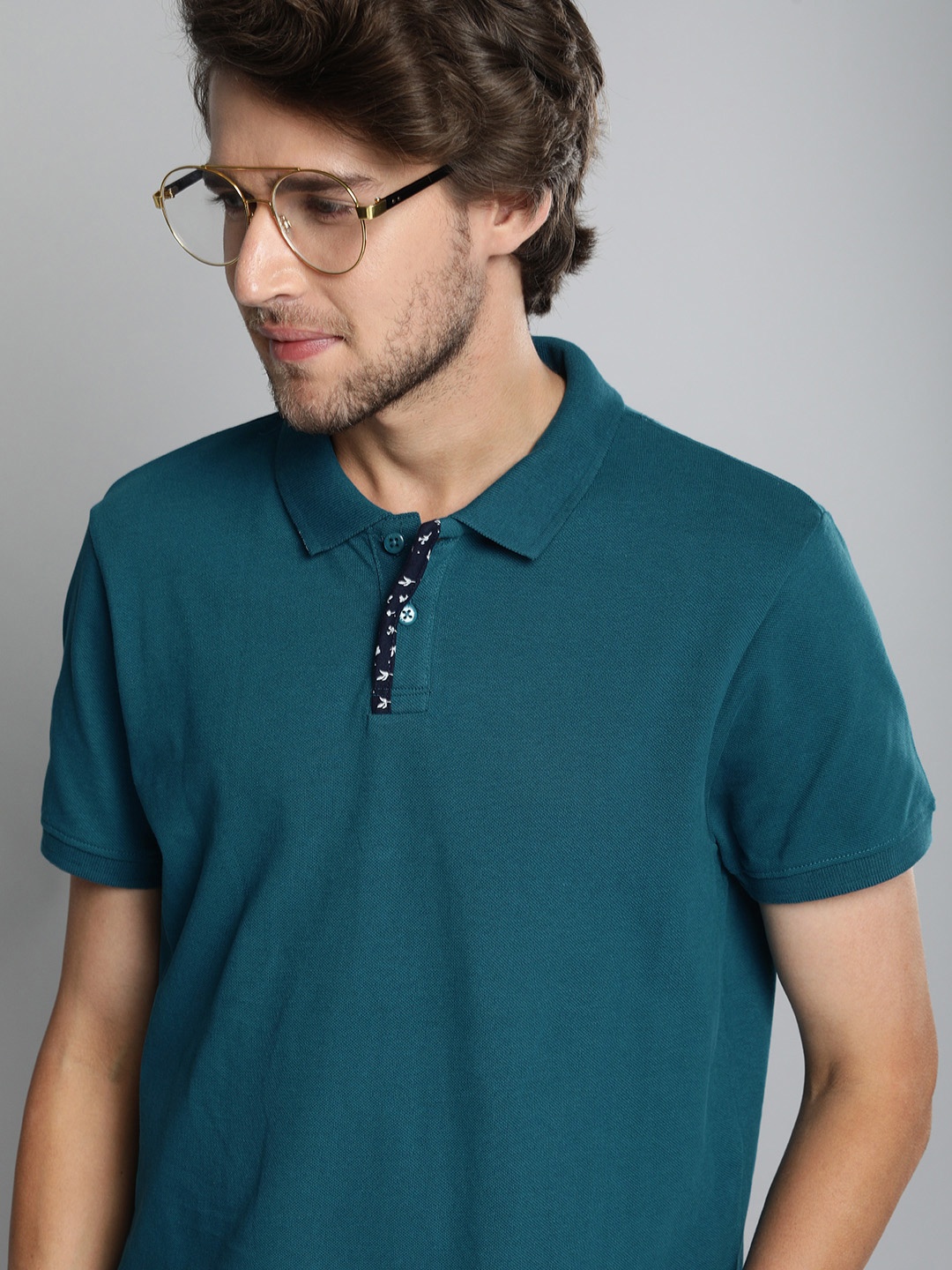 

Mast Harbour Men Teal Blue Solid Polo Collar Pure Cotton T-shirt