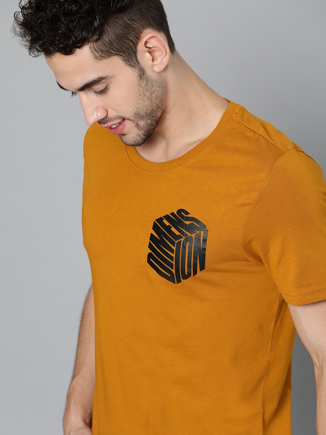 

Mast Harbour Men Mustard Yellow Black Printed Detail Round Neck Pure Cotton T-shirt