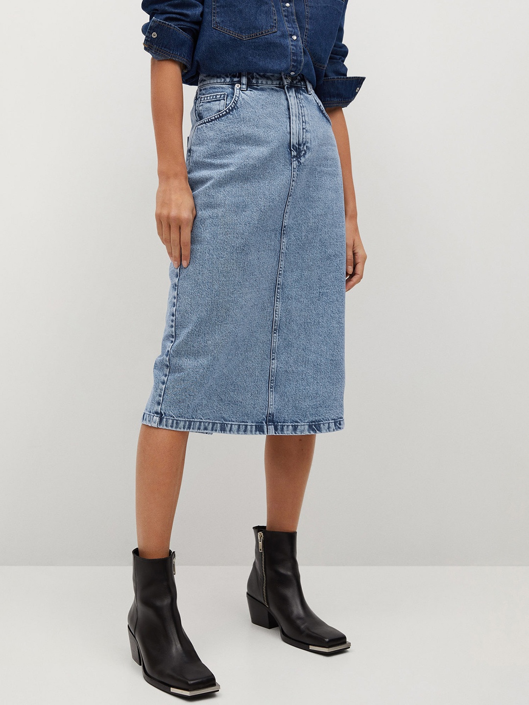 

MANGO Blue Washed Sustainable Straight Denim Pure Cotton Midi Skirt