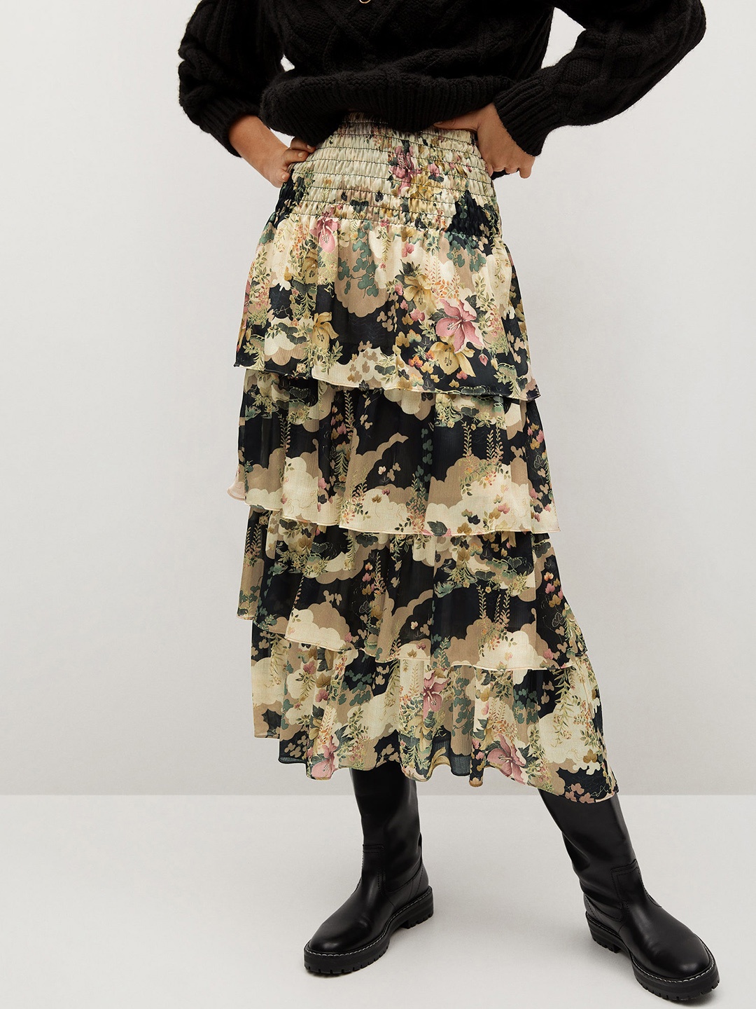 

MANGO Cream-coloured & Black Floral Print Layered Midi Skirt