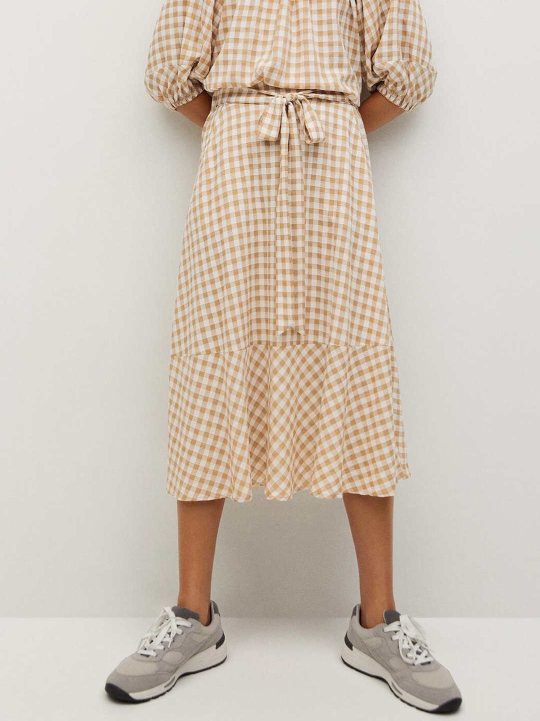 

MANGO Women Off-White & Beige Checked Belted A-Line Midi Skirt