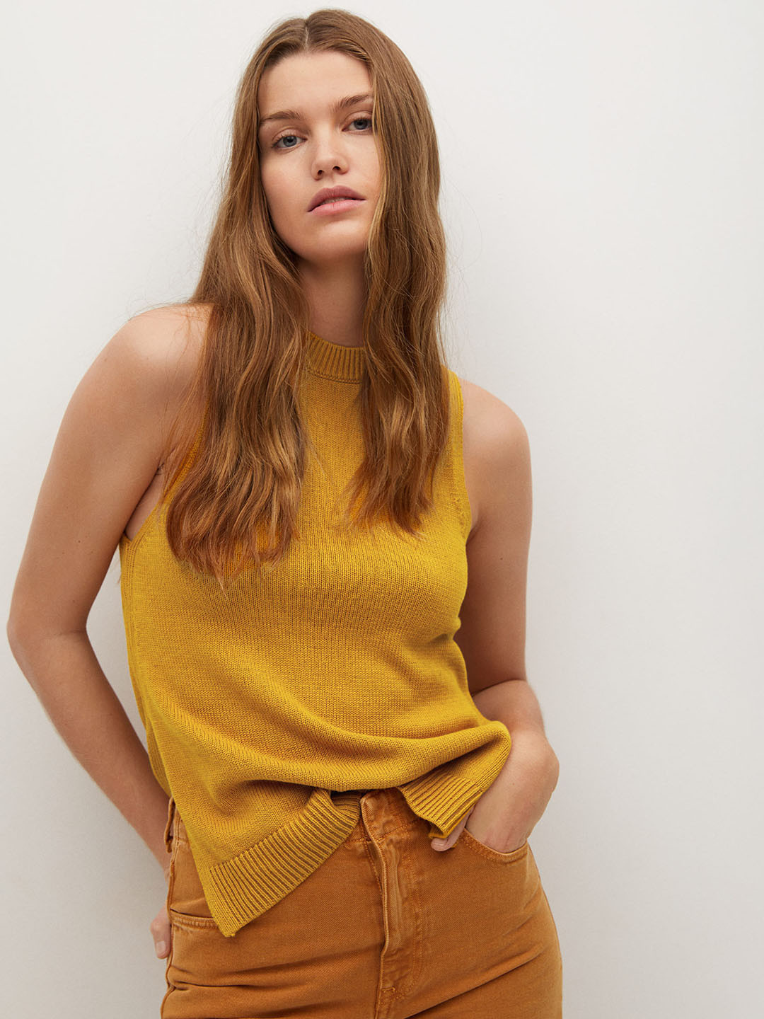 

MANGO Women Mustard Yellow Solid Sweater Vest