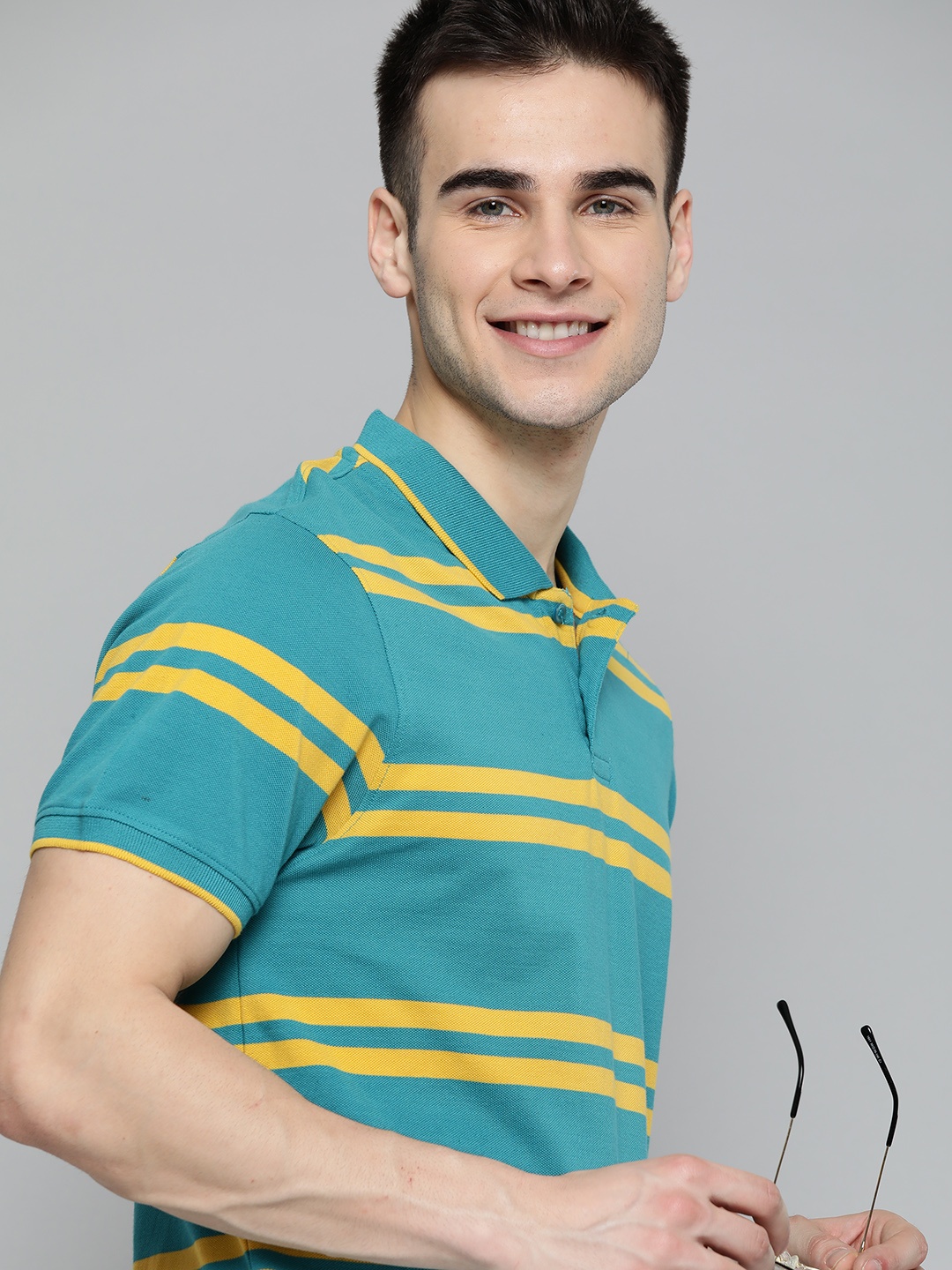 

Mast & Harbour Men Teal Blue & Yellow Striped Cotton Polo Collar T-shirt