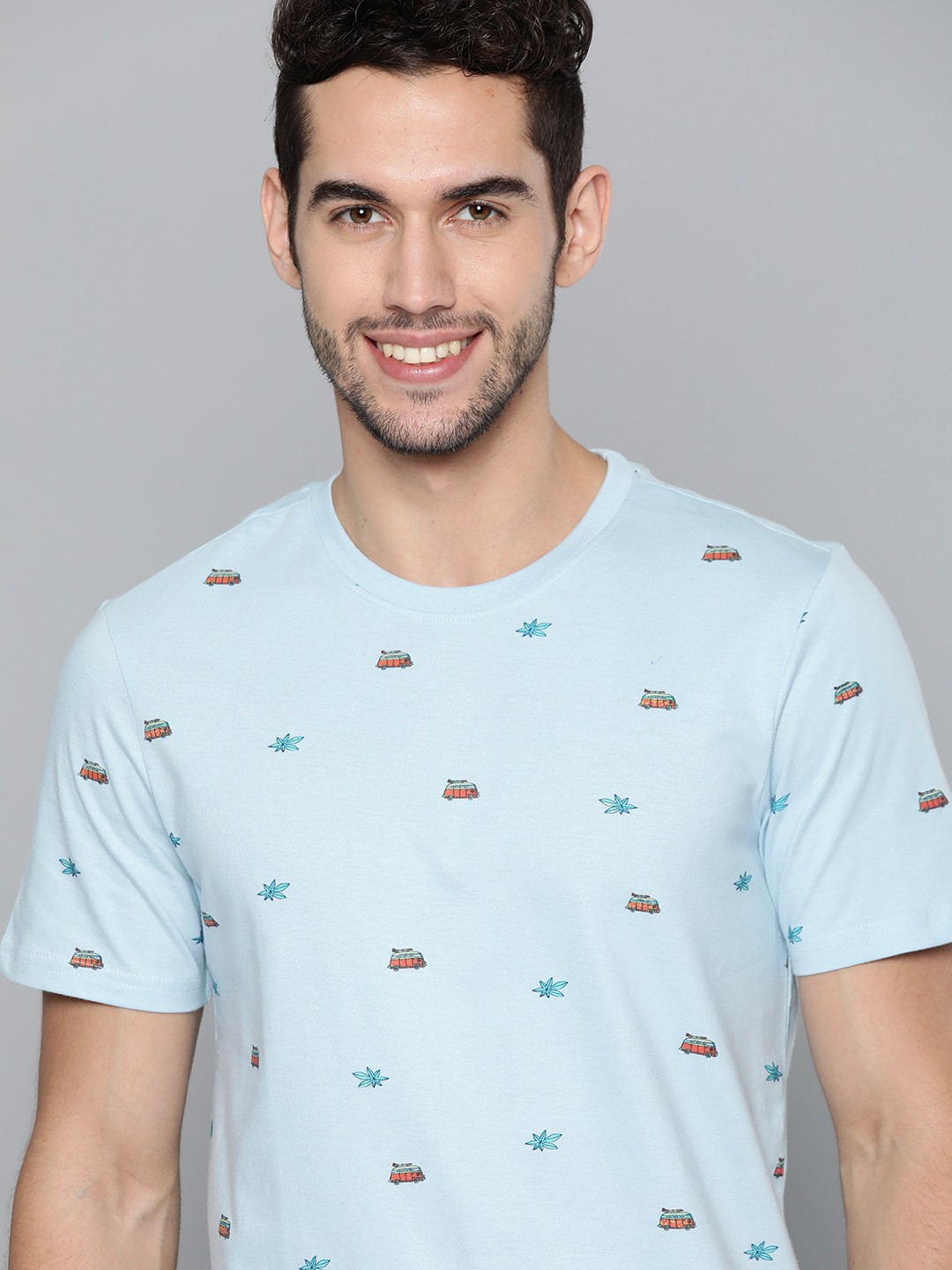 

Mast Harbour Men Blue Red Conversational Printed Round Neck Pure Cotton T-shirt