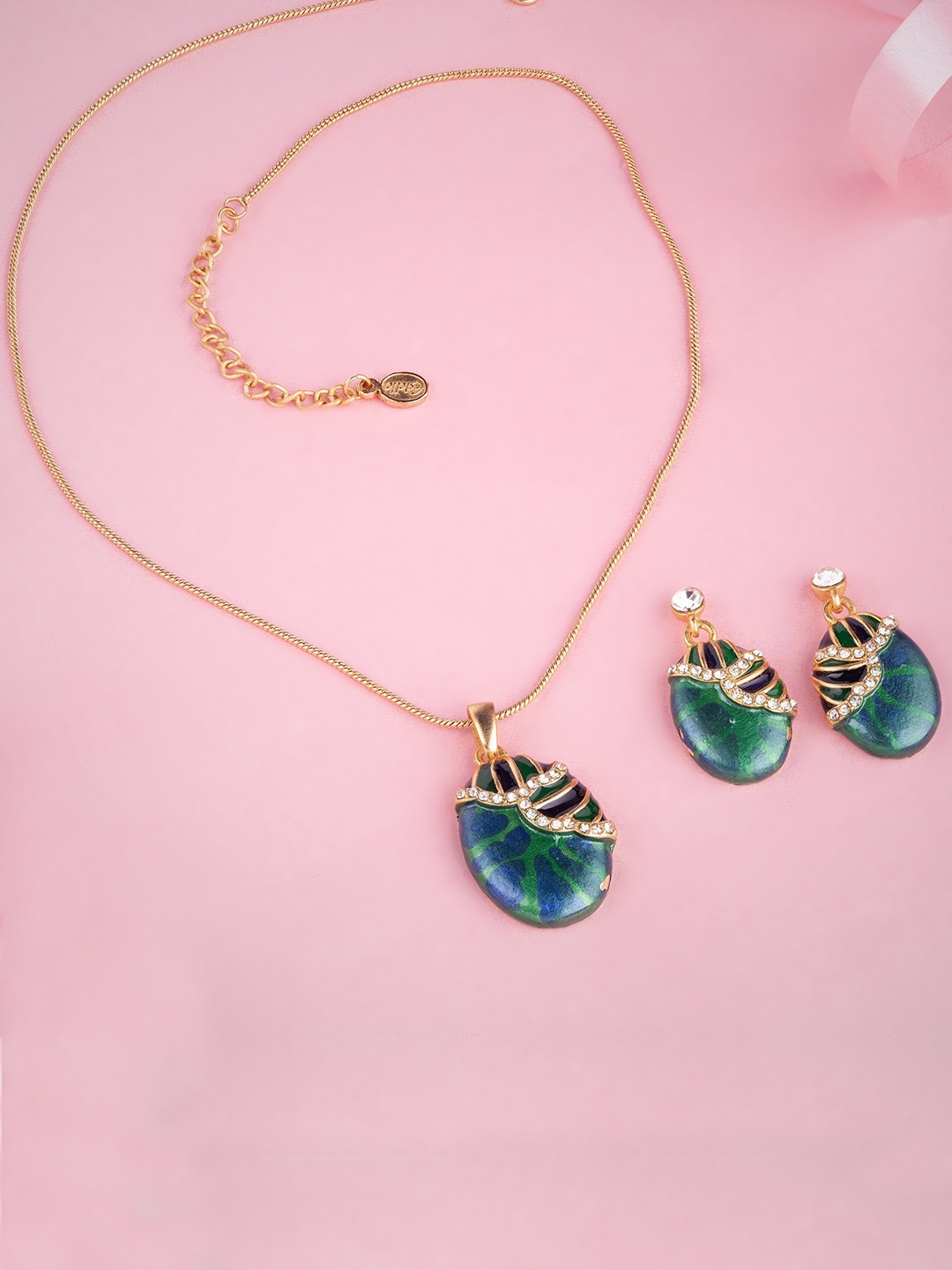 

Estele Rhodium-Plated Green & Gold-Toned Stone-Studded Pendant Chain With Earrings