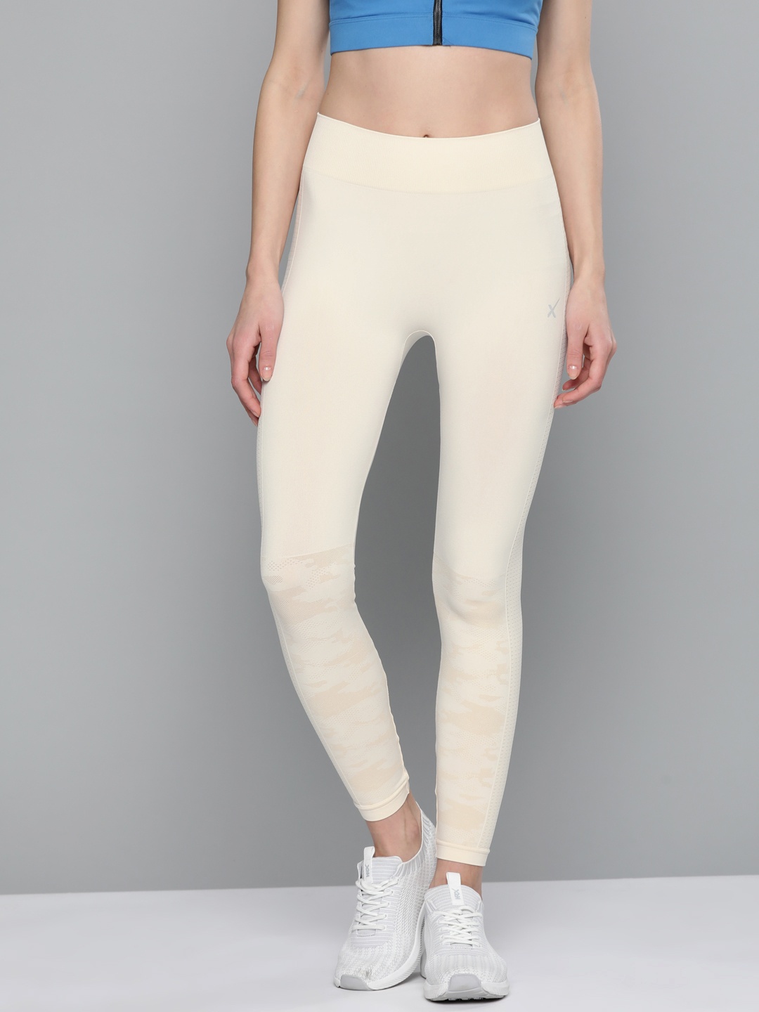 

HRX By Hrithik Roshan Women Tofu Camouflage Skinny Fit Seamless Camouflage Rapid-Dry Running Tights, Off white