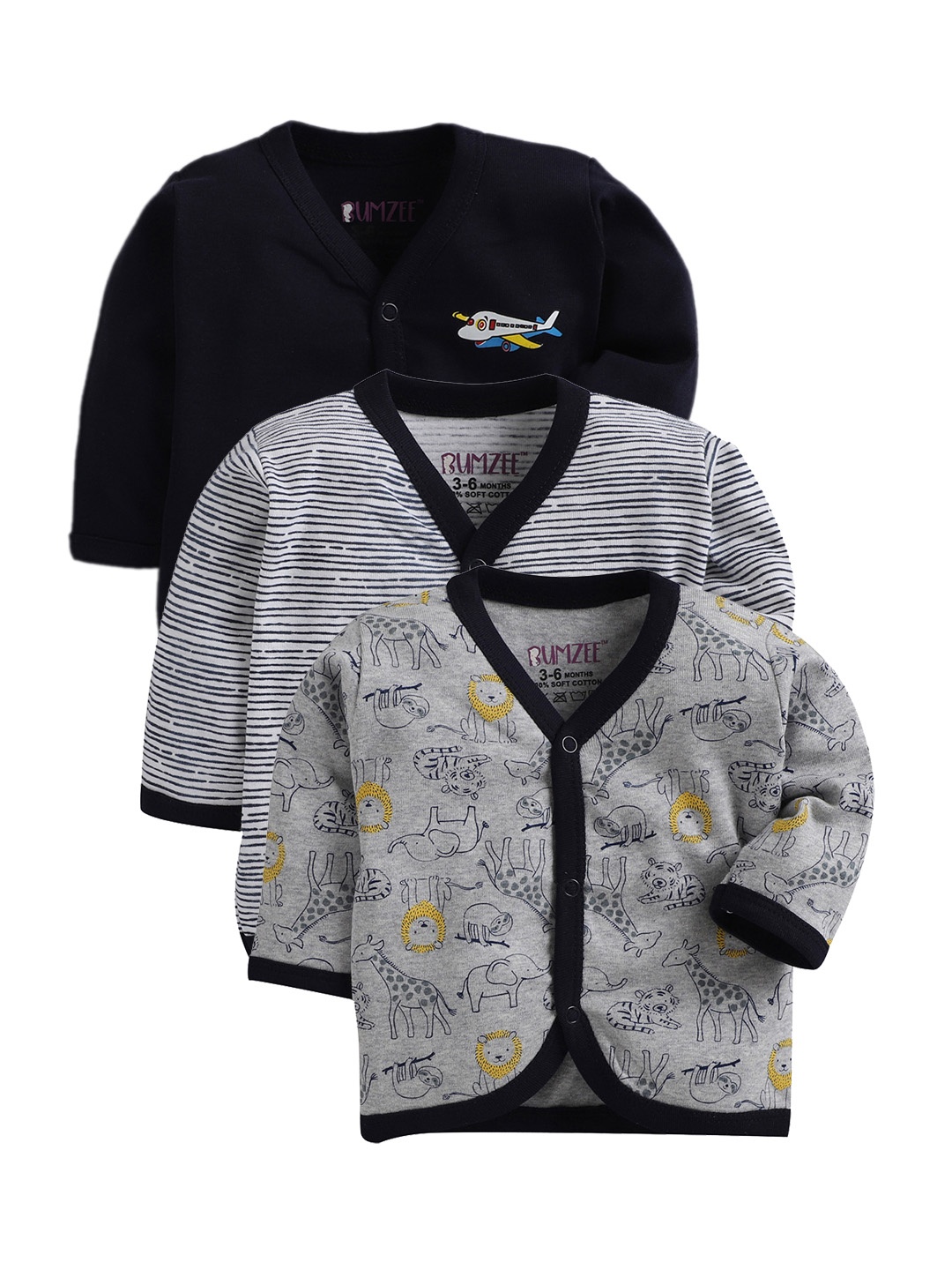 

BUMZEE Unisex Kids Navy Blue Striped Henley Neck T-shirt