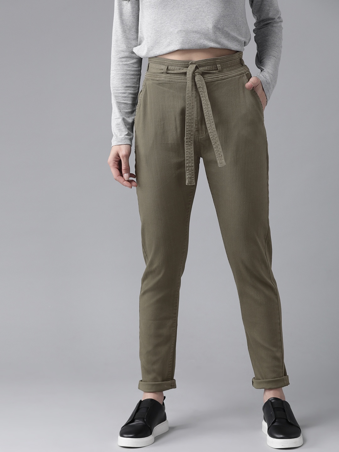 

The Roadster Lifestyle Co Women Olive Green Regular Fit Solid Trousers