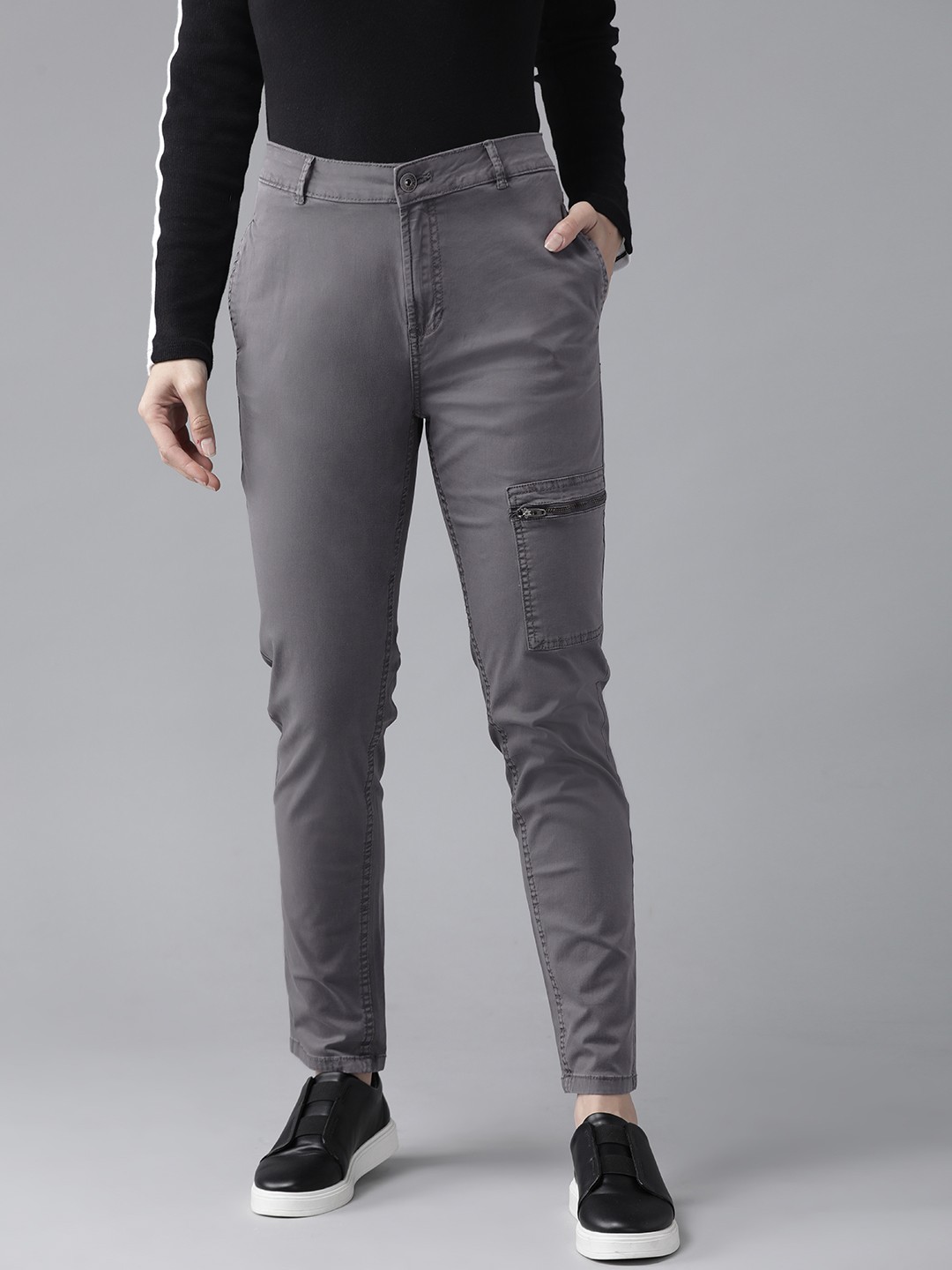 

Roadster Women Charcoal Grey Slim Fit Solid Cargos
