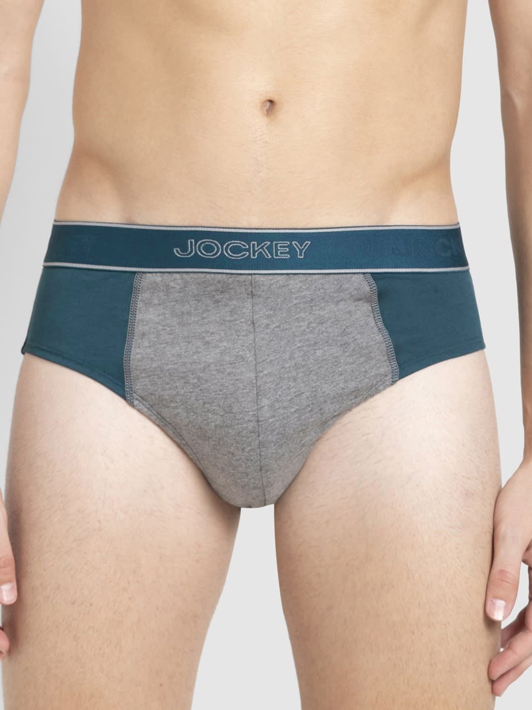 

Jockey Men Teal Blue & Grey Melange Super Combed Cotton Colourblocked Briefs 1011-0105