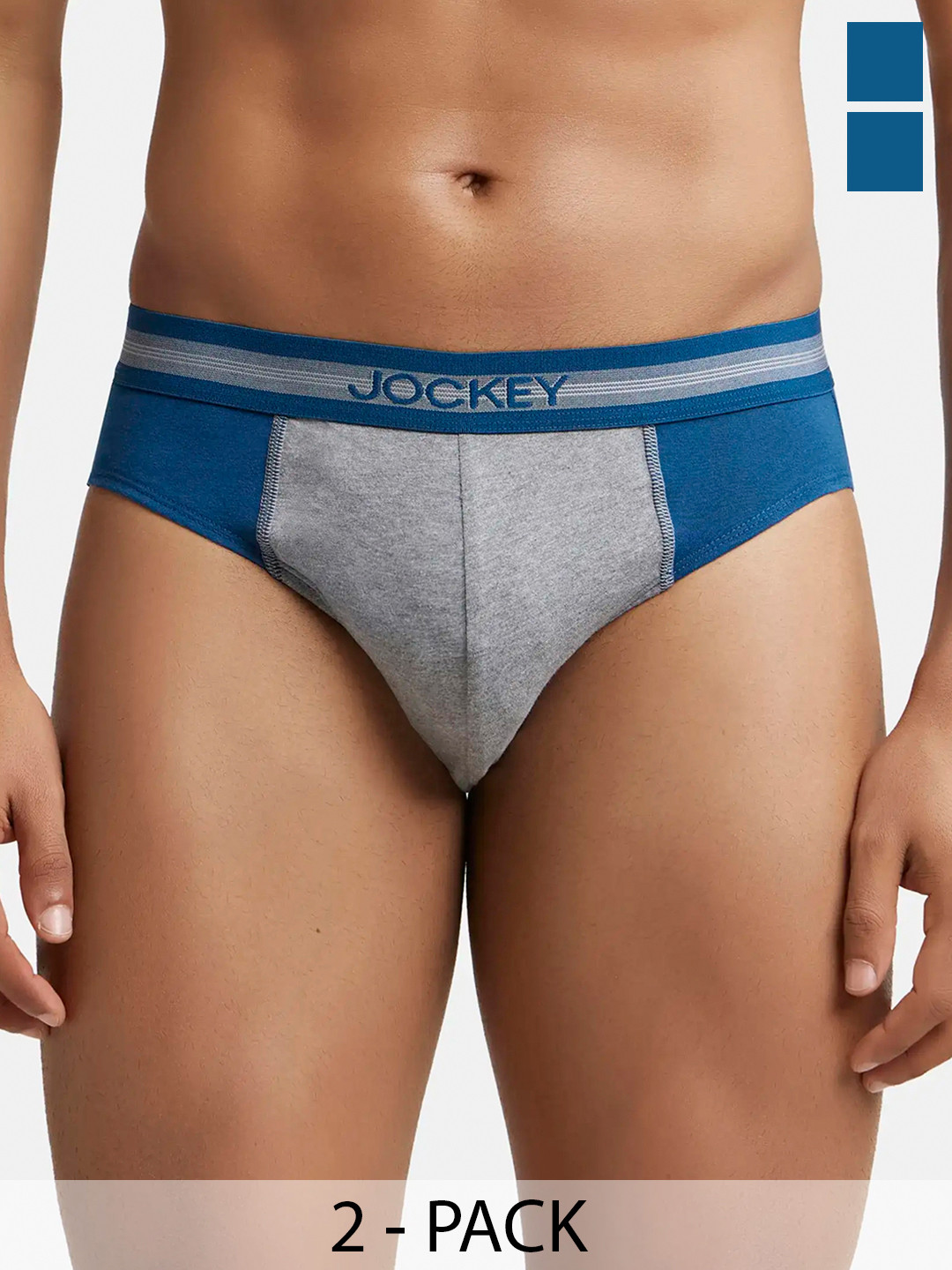 

Jockey Men Pack of 2 Teal Blue & Grey Melange Combed Cotton Colourblocked Briefs 1011-0205