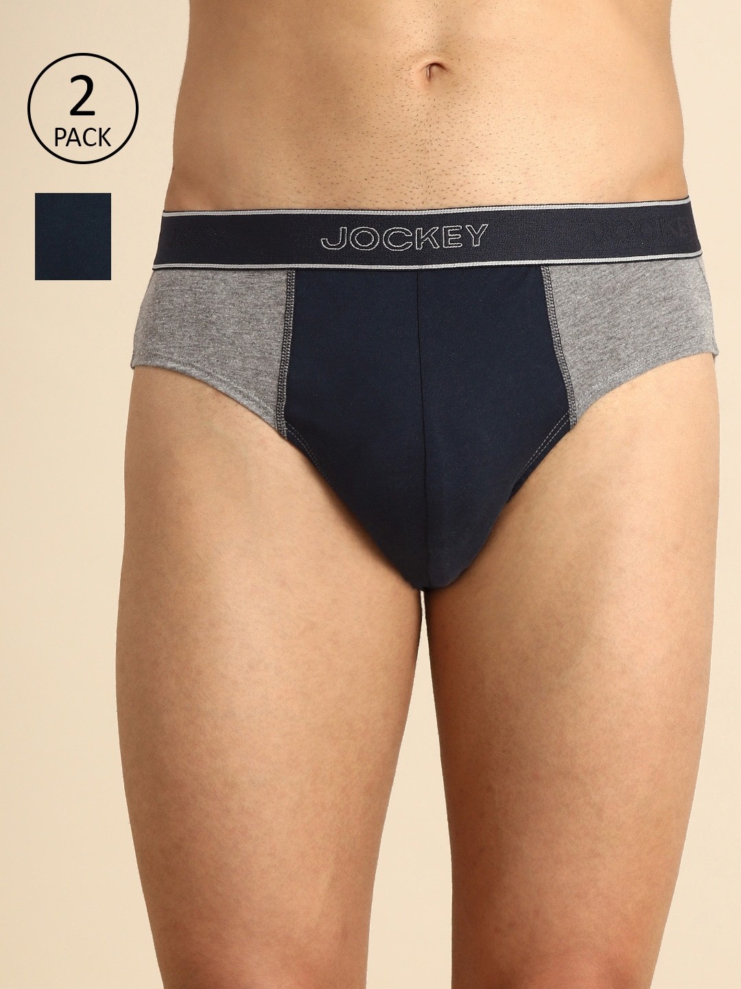 

Jockey Men Pack of 2 Grey Melange & Navy Blue Colourblocked Briefs 1011-0205
