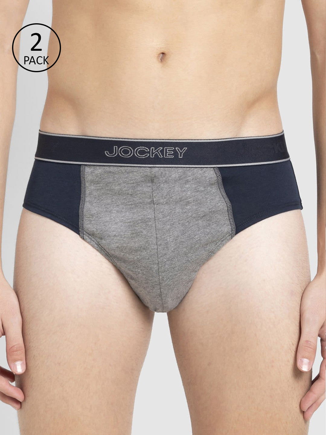 

Jockey Men Pack of 2 Navy & Grey Melange Cotton Colourblocked Briefs 1011-0205, Navy blue