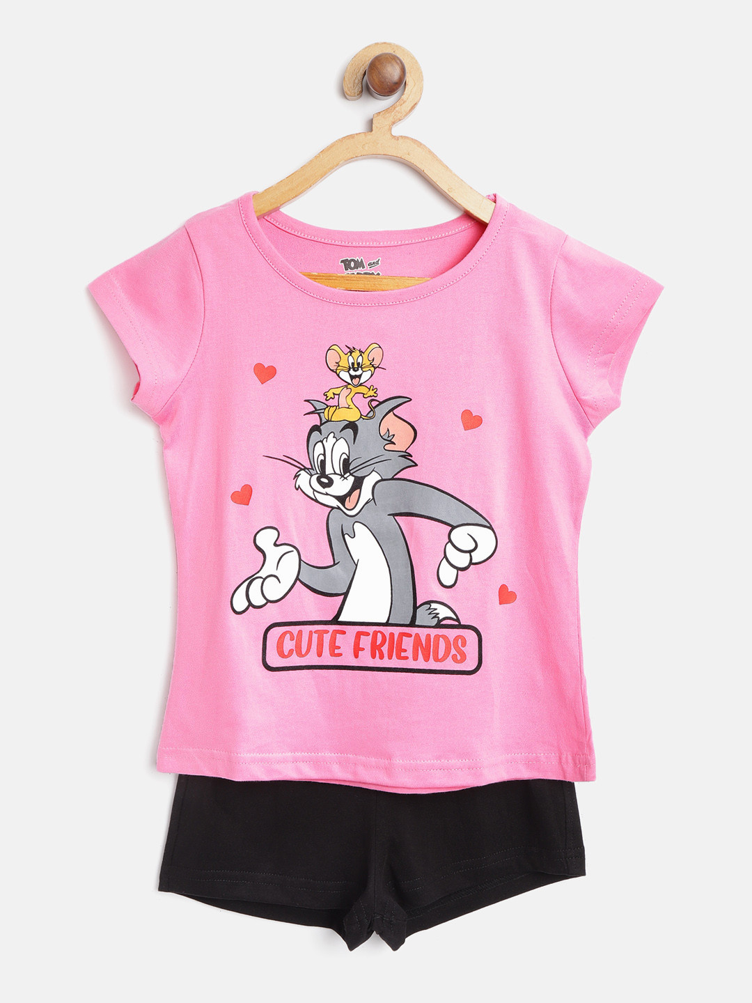 

Eteenz Girls Pink & Black Pure Cotton Tom & Jerry Printed T-shirt with Shorts