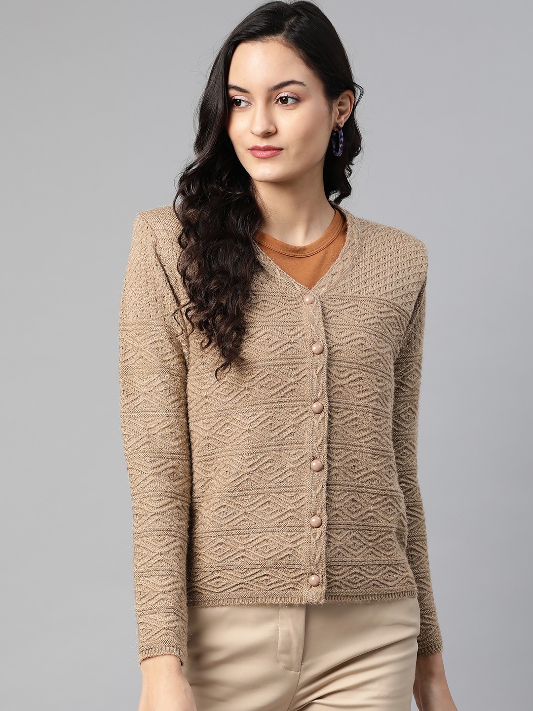 

Cayman Women Beige Woollen Self-Design Cardigan