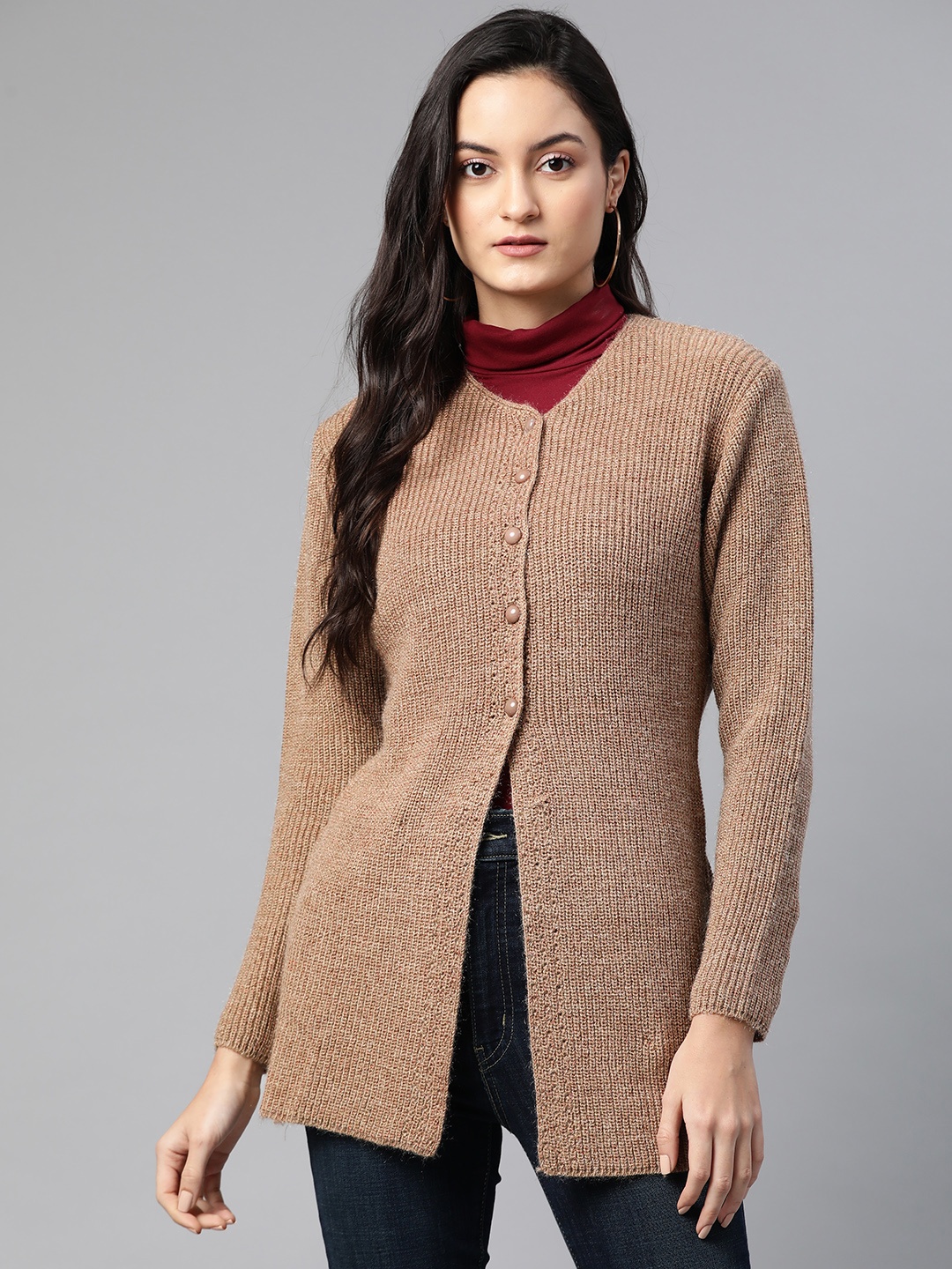 

Cayman Women Camel Brown Woollen Solid Longline Cardigan