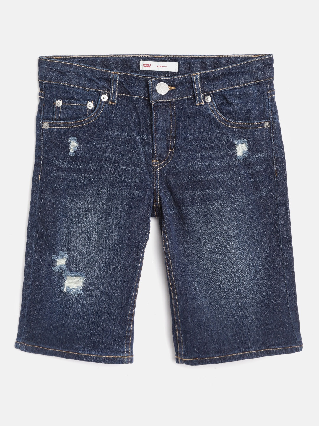 

Levis Girls Navy Blue Washed Slim Fit Low-Distressed Denim Shorts